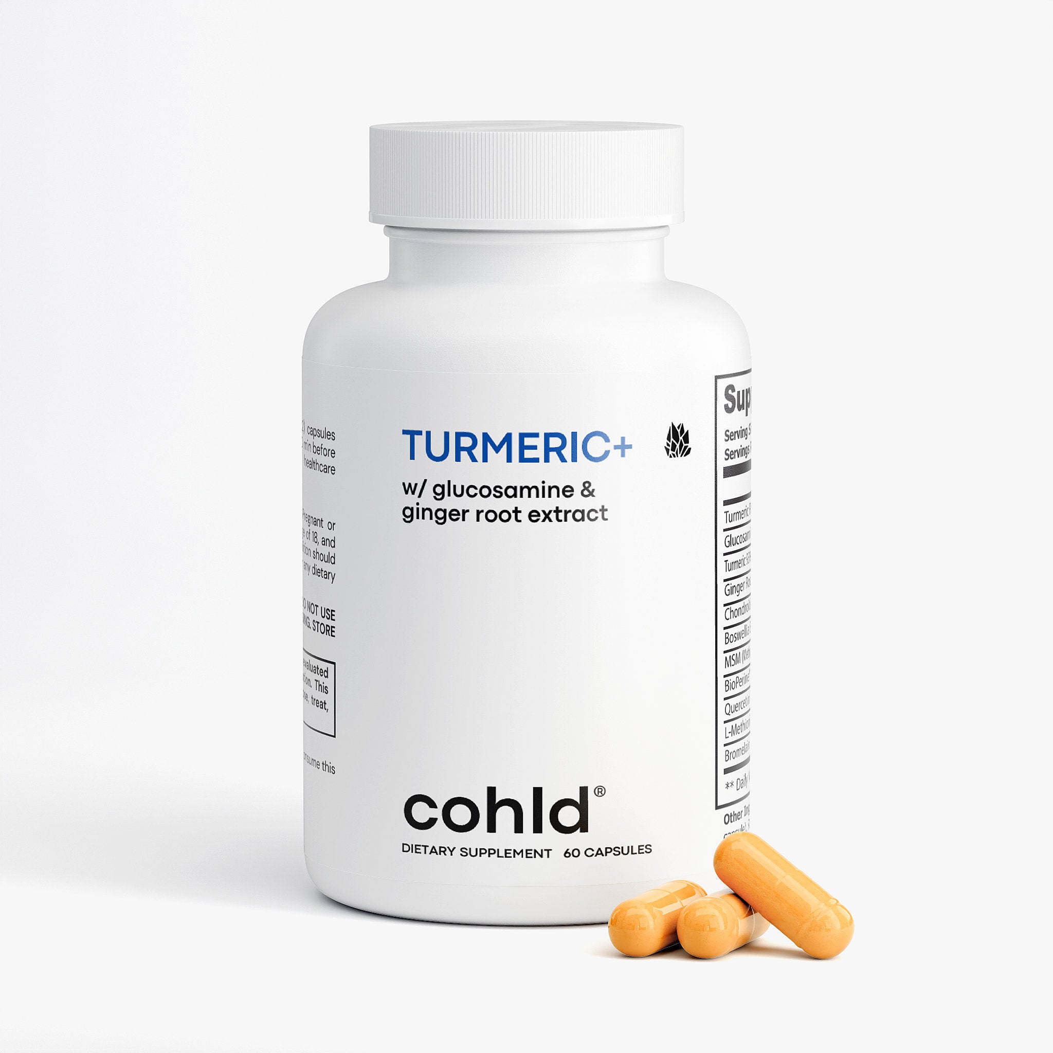Cohld Turmeric+ supplement bottle with capsules – 60-count turmeric curcumin capsules with glucosamine and ginger root extract