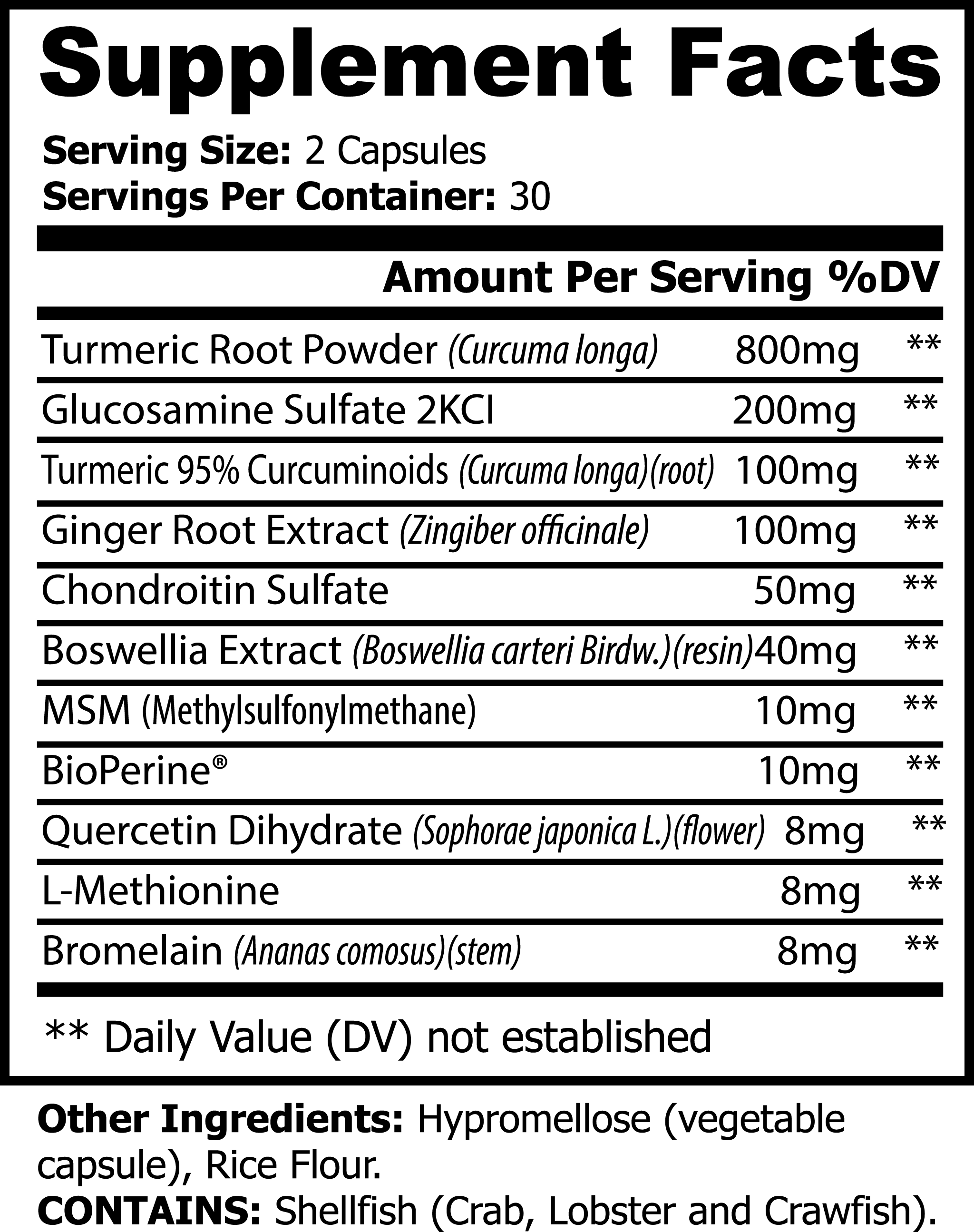 Cohld Turmeric+ Supplement Facts panel – 800mg Turmeric Root, 100mg Curcuminoids, BioPerine for enhanced absorption, Boswellia, MSM, and Ginger Root Extract