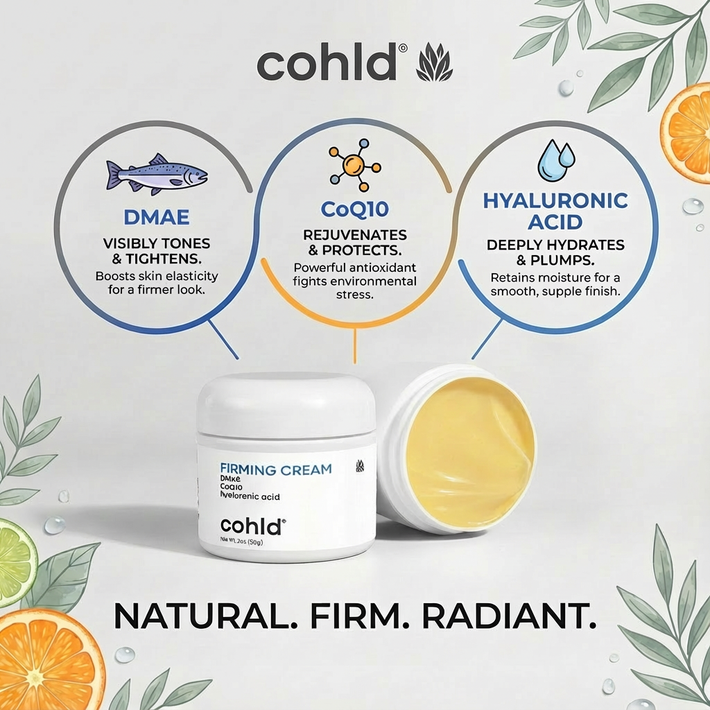 Cohld Skin Firming Cream key ingredients infographic – DMAE, CoQ10, and Hyaluronic Acid benefits for firming, antioxidant protection, and deep hydration