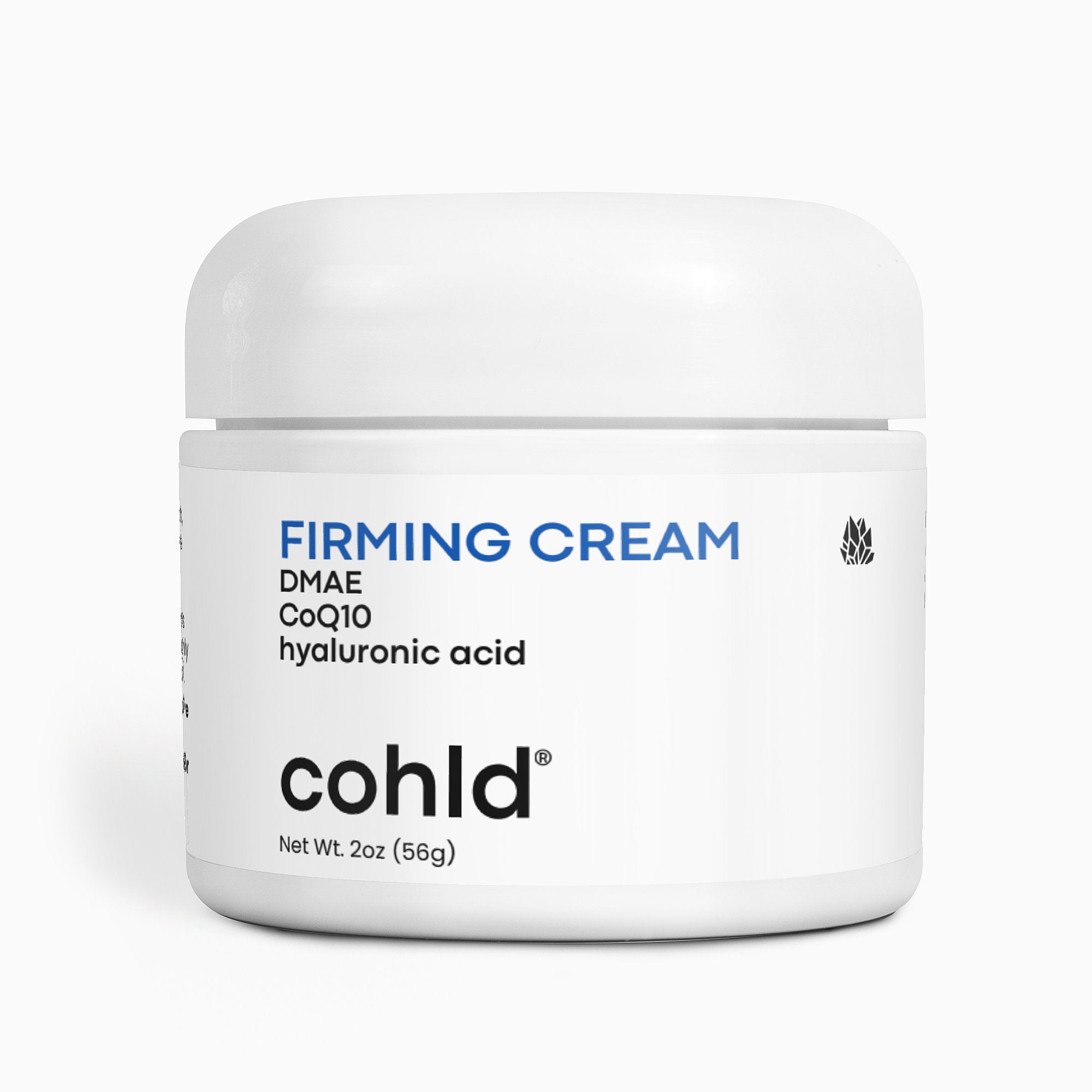 Cohld Skin Firming Cream jar label close-up showing DMAE, CoQ10, and Hyaluronic Acid – 2oz natural skincare formula