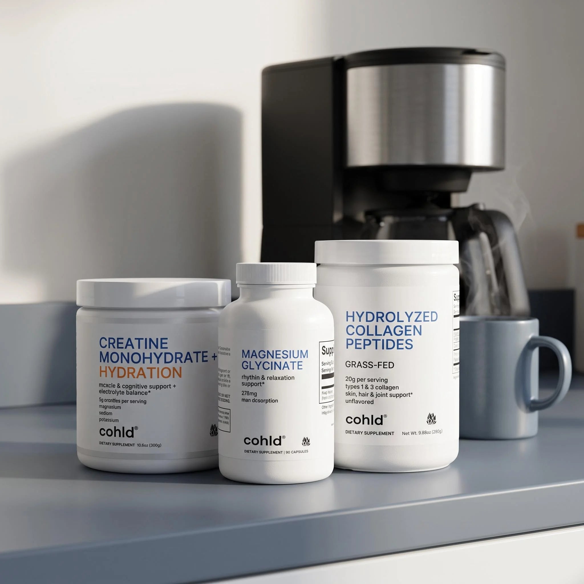 The Foundation Stack — Cohld grass-fed collagen peptides, creatine hydration powder, and magnesium glycinate on a kitchen counter next to a coffee maker